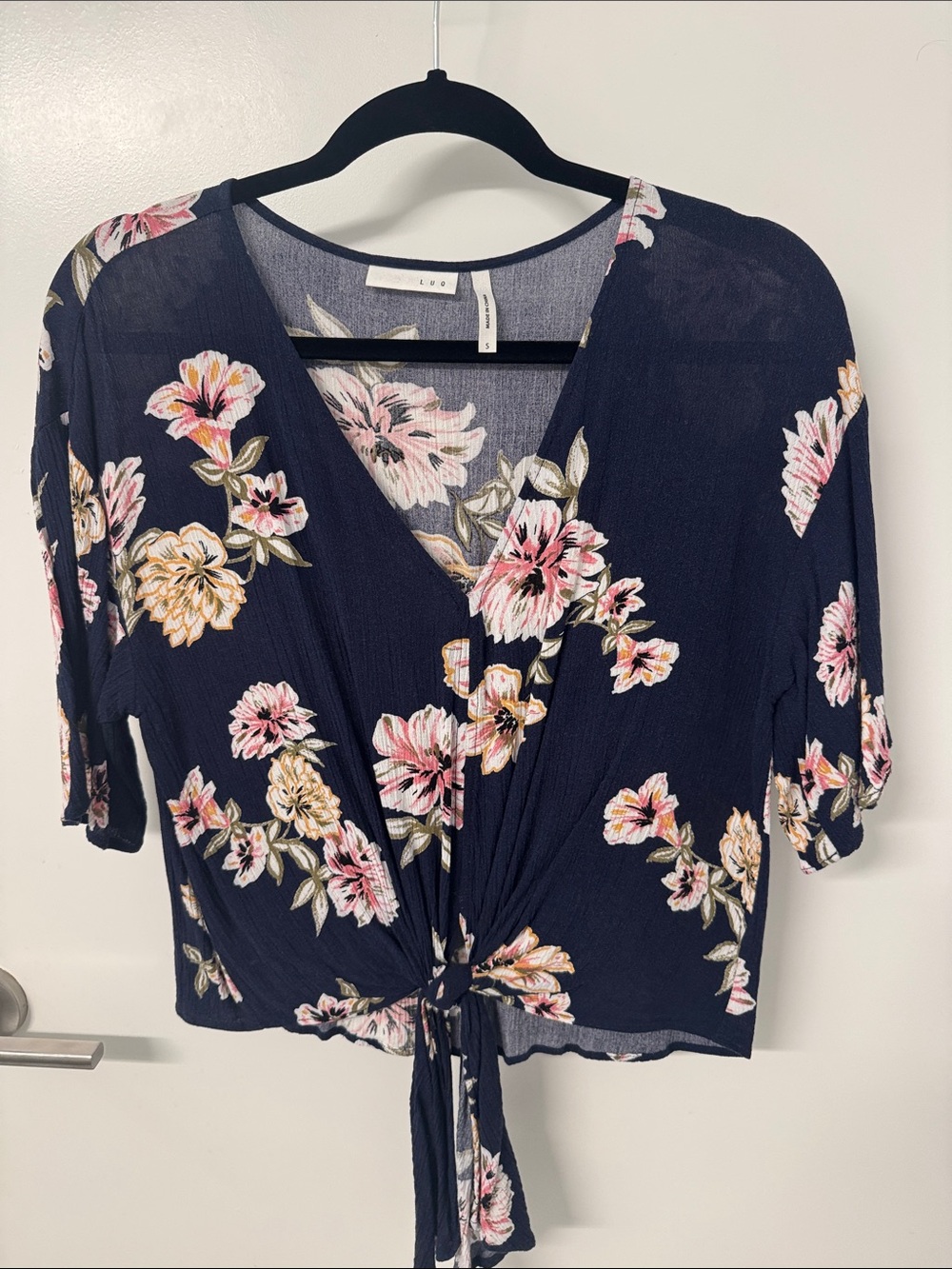 Tie-Front Floral V-Neck Blouse - Navy with Pink Floral